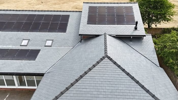 Slate roof and solar panels at Nayland Village Hall