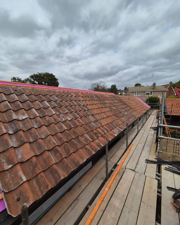 Tiled roof viewed from scaffolding
