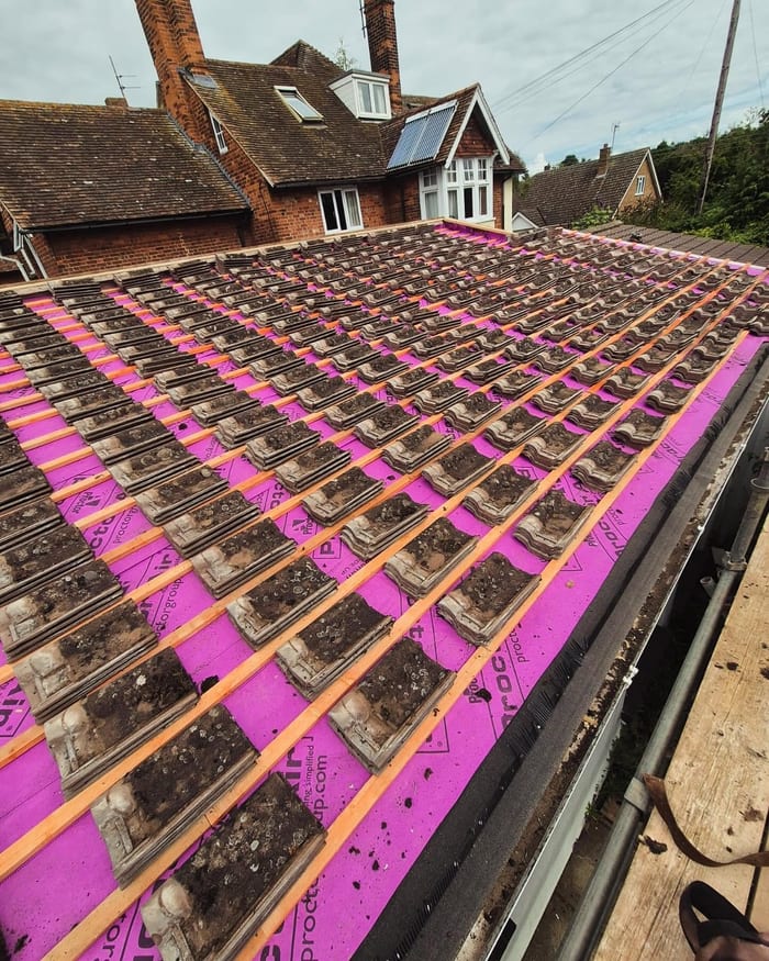 Roof prepared with membrane and battens during restoration
